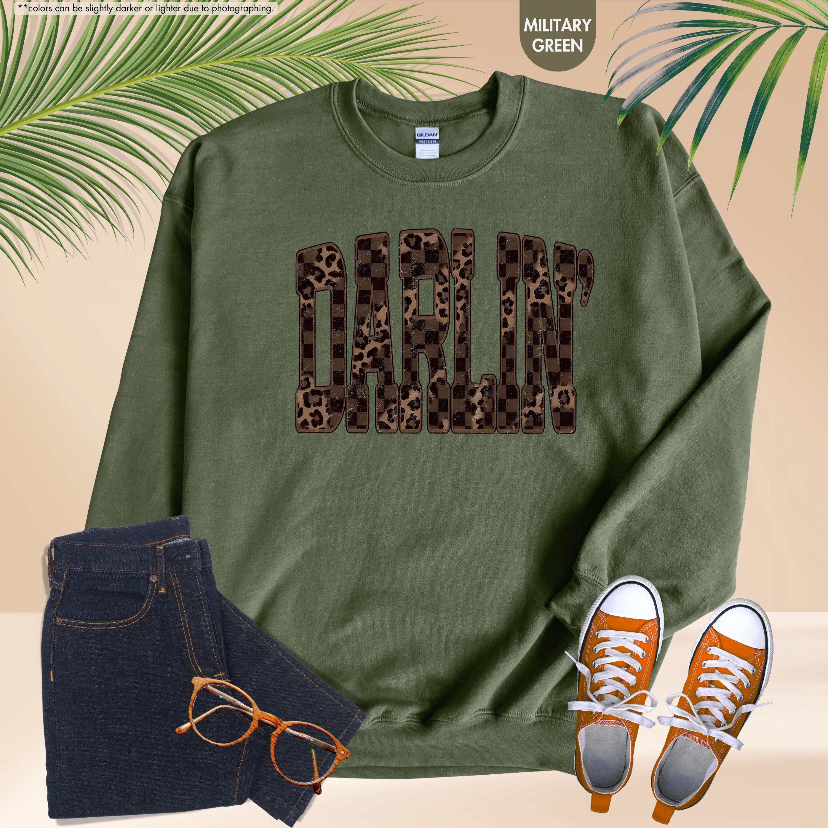 Leopard Darlin' Hoodie, Western Sweatshirt for Women, Southern Style Crewneck, Checkered Cowgirl Hoodie, Country Music Concert Sweatshirt