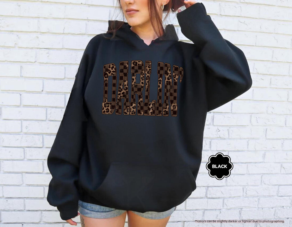 Leopard Darlin' Hoodie, Western Sweatshirt for Women, Southern Style Crewneck, Checkered Cowgirl Hoodie, Country Music Concert Sweatshirt