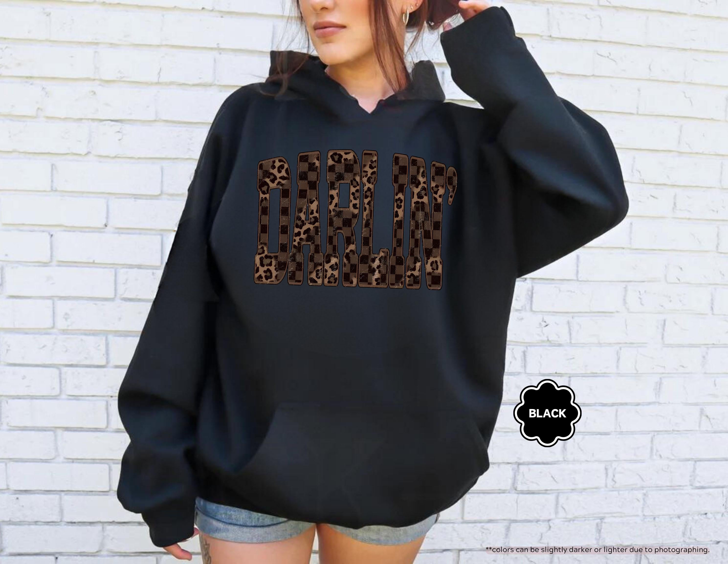 Leopard Darlin' Hoodie, Western Sweatshirt for Women, Southern Style Crewneck, Checkered Cowgirl Hoodie, Country Music Concert Sweatshirt
