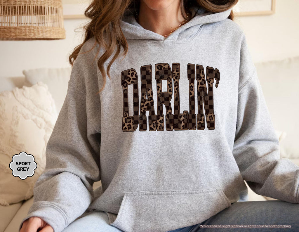 Leopard Darlin' Hoodie, Western Sweatshirt for Women, Southern Style Crewneck, Checkered Cowgirl Hoodie, Country Music Concert Sweatshirt