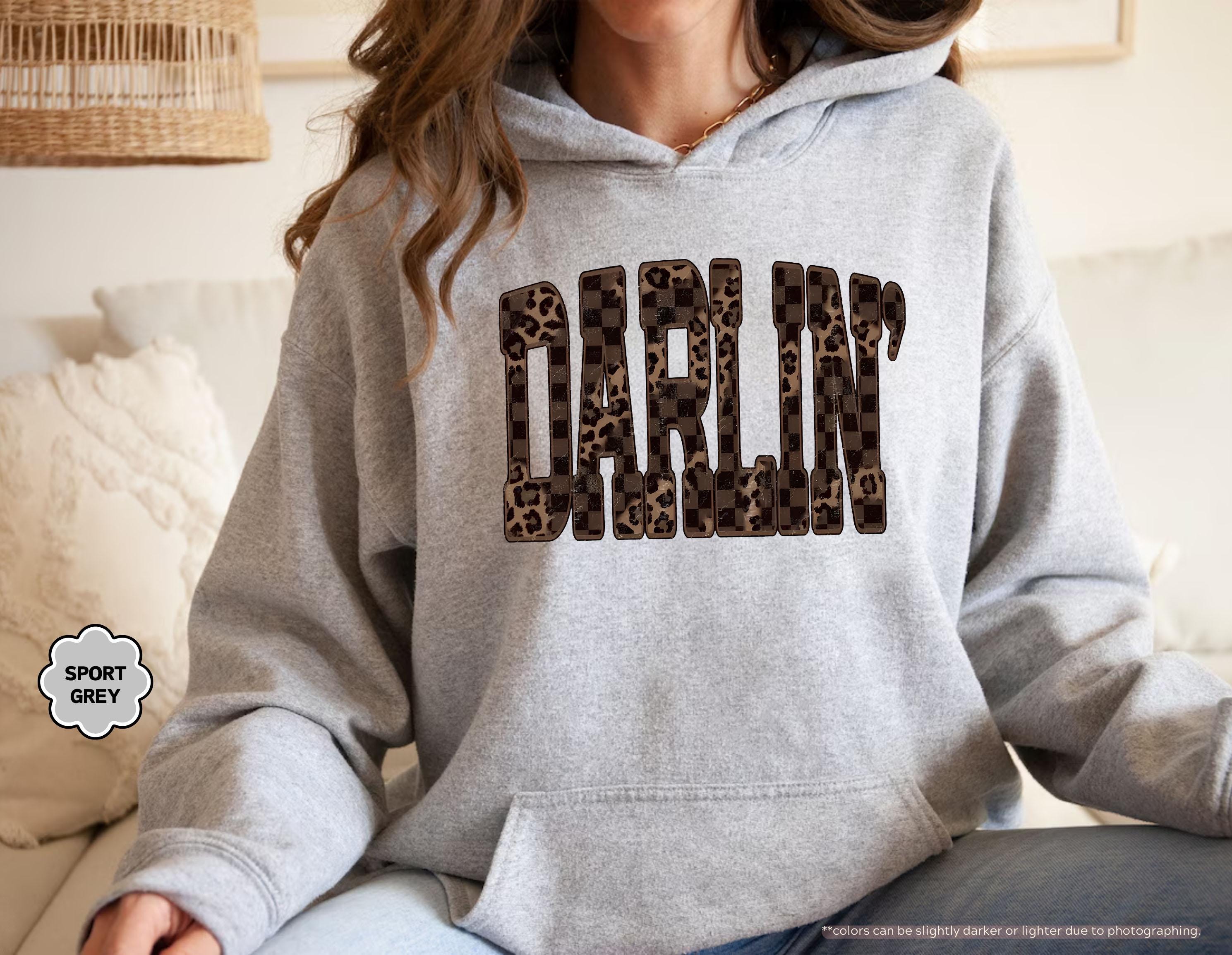 Leopard Darlin' Hoodie, Western Sweatshirt for Women, Southern Style Crewneck, Checkered Cowgirl Hoodie, Country Music Concert Sweatshirt