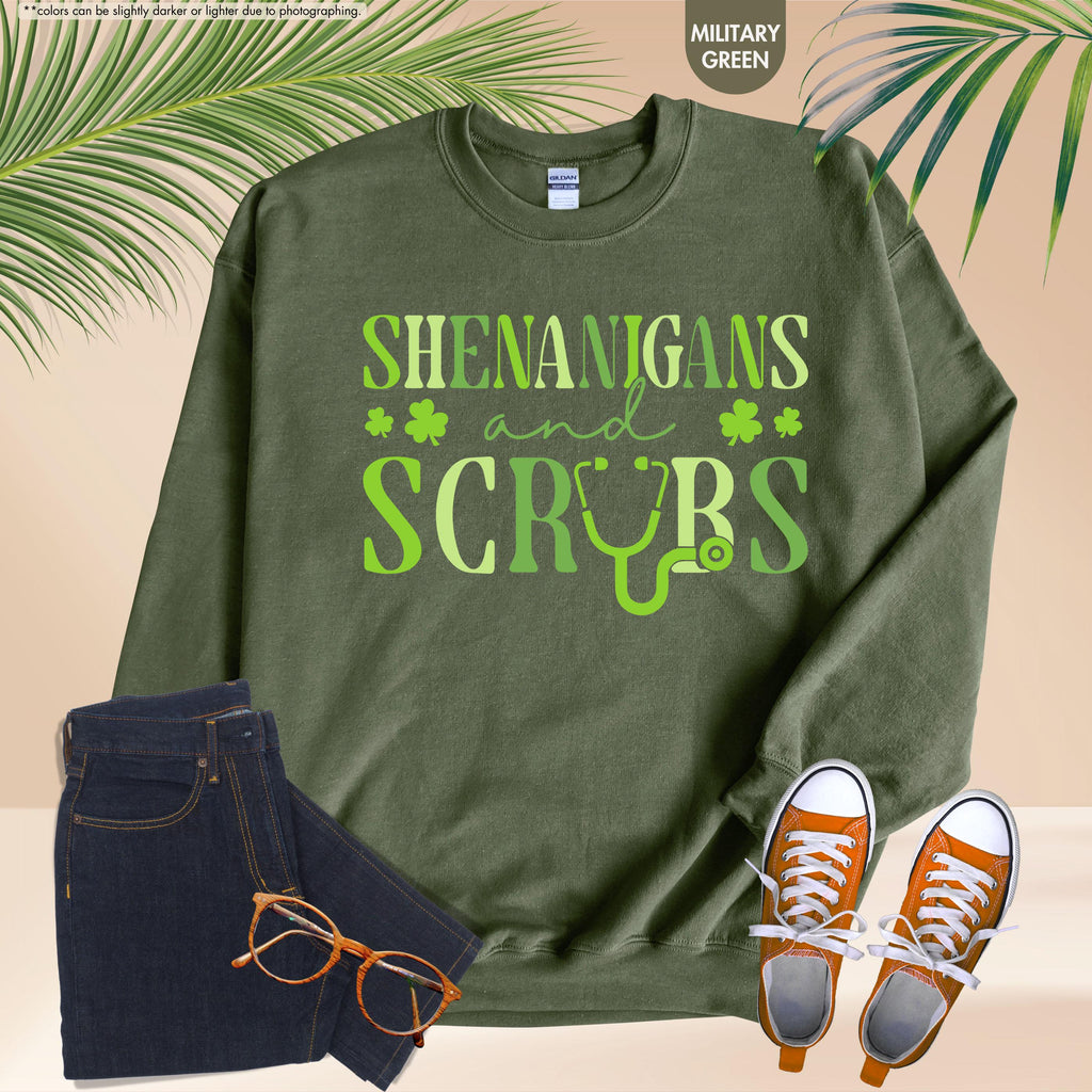 St Patrick's Nurse Hoodie, Shenanigans & Scrubs Nurse Sweatshirt, Nurse St Patty Sweater, Irish Nurse Gift, Healthcare Worker Sweatshirt