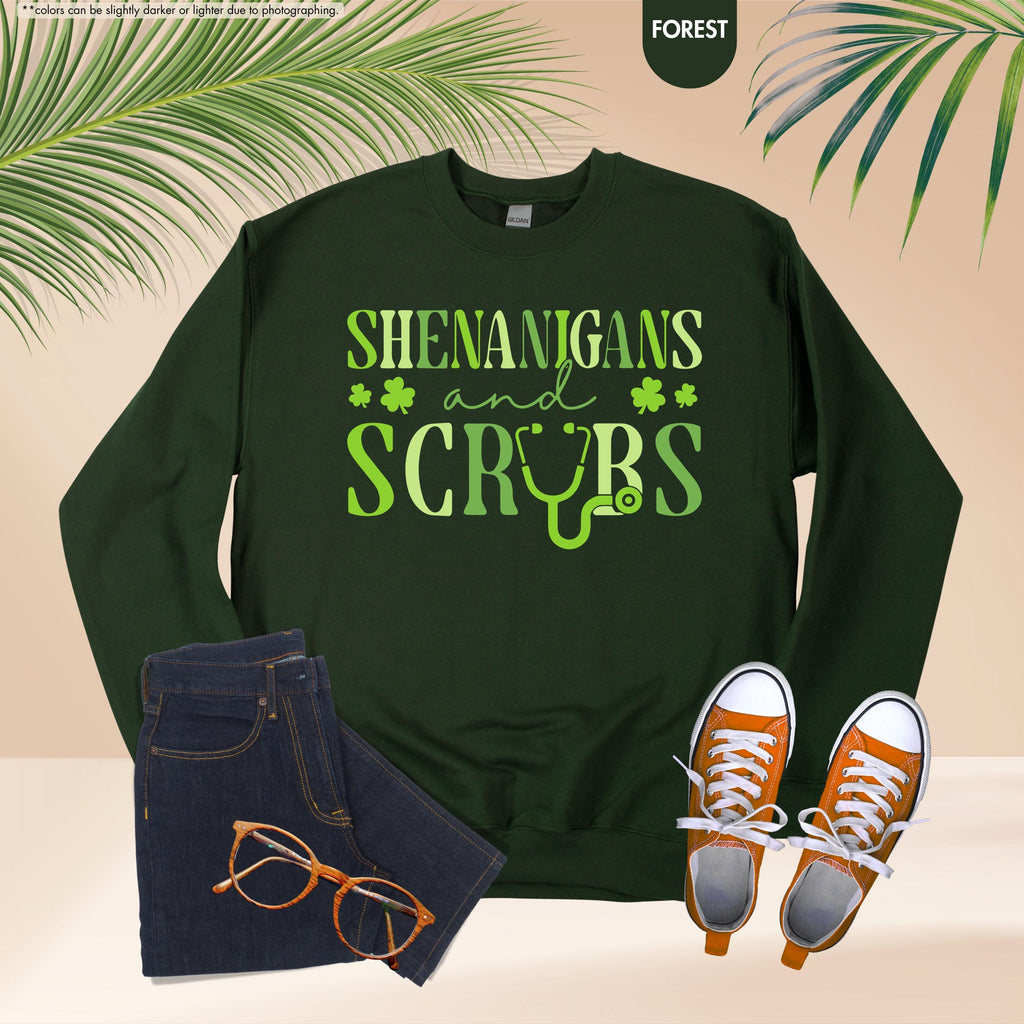 St Patrick's Nurse Hoodie, Shenanigans & Scrubs Nurse Sweatshirt, Nurse St Patty Sweater, Irish Nurse Gift, Healthcare Worker Sweatshirt