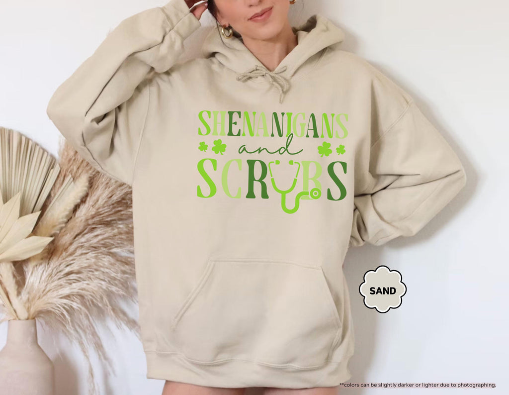 St Patrick's Nurse Hoodie, Shenanigans & Scrubs Nurse Sweatshirt, Nurse St Patty Sweater, Irish Nurse Gift, Healthcare Worker Sweatshirt