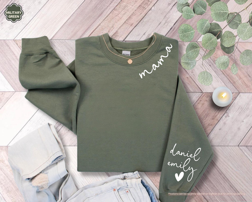 Personalized Mama Hoodie with Kids Names on Sleeve, Custom Grandma Sweatshirt, Mother's Day Gift, Grandkids Name Apparel, New Mom Crewneck