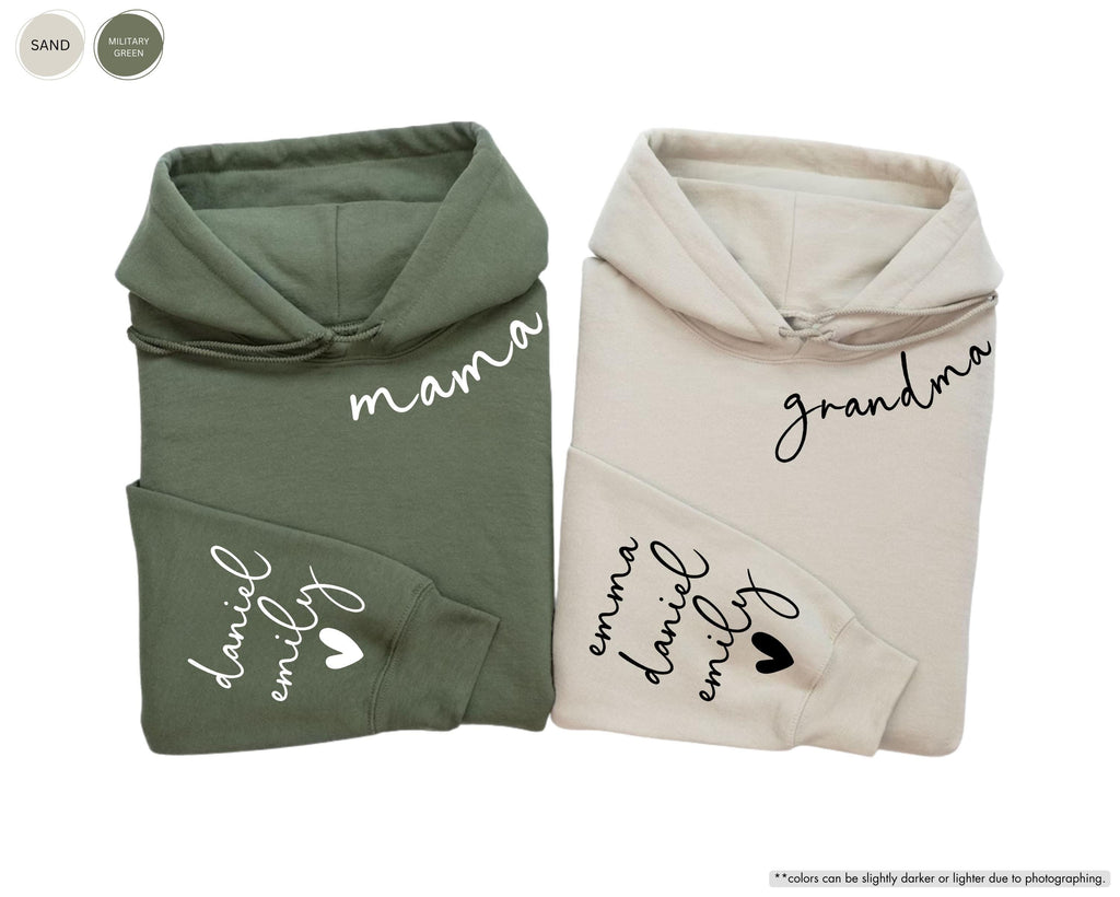 Personalized Mama Hoodie with Kids Names on Sleeve, Custom Grandma Sweatshirt, Mother's Day Gift, Grandkids Name Apparel, New Mom Crewneck