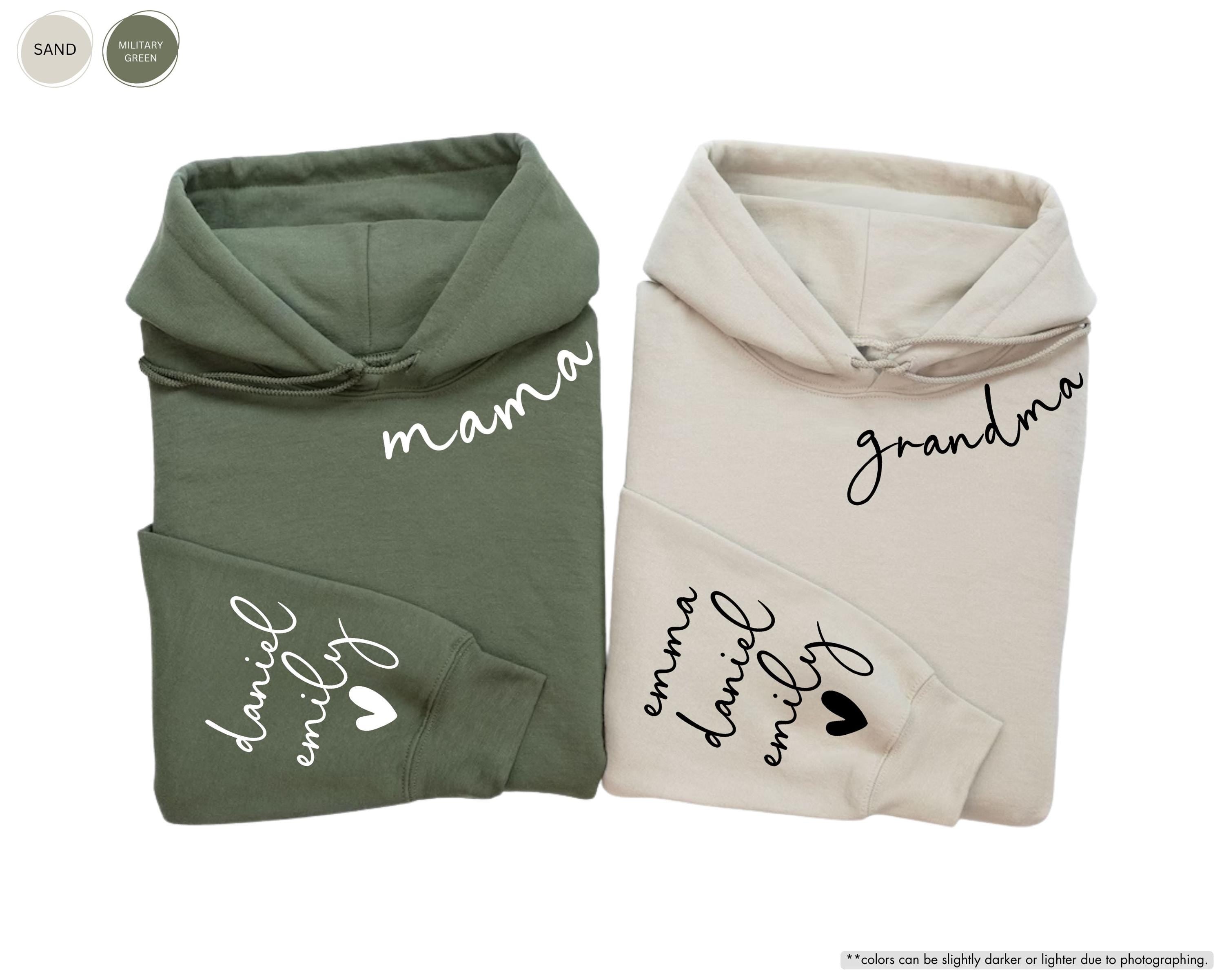Personalized Mama Hoodie with Kids Names on Sleeve, Custom Grandma Sweatshirt, Mother's Day Gift, Grandkids Name Apparel, New Mom Crewneck