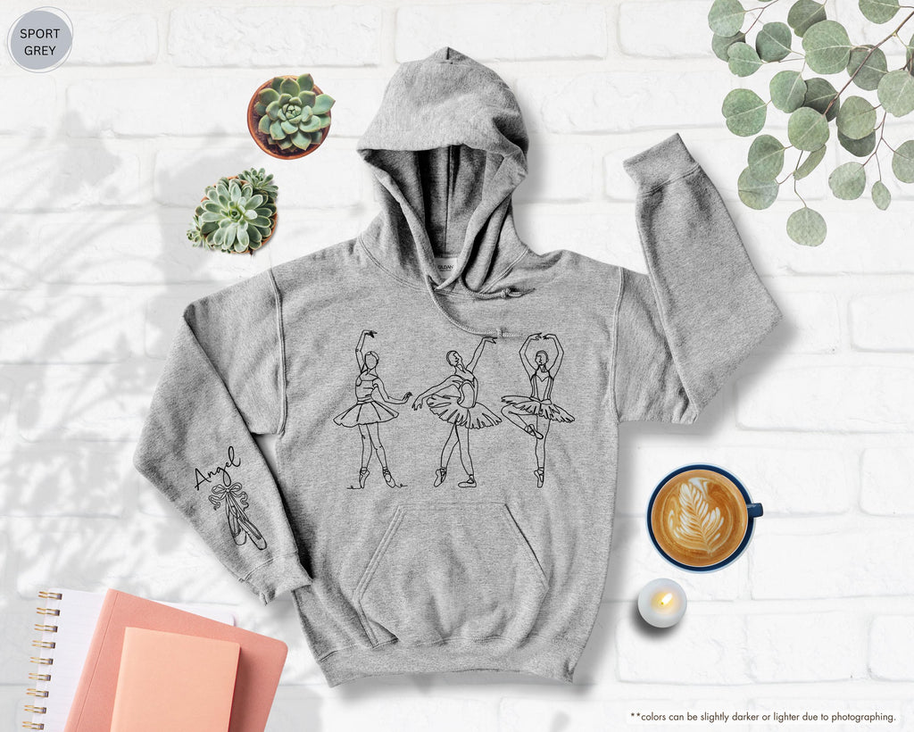 Custom Name on Sleeve Ballet Sweatshirt, Ballerina Line Art Hoodie, Personalized Pointe Shoes Dance Crewneck, Gift for Dance Competition