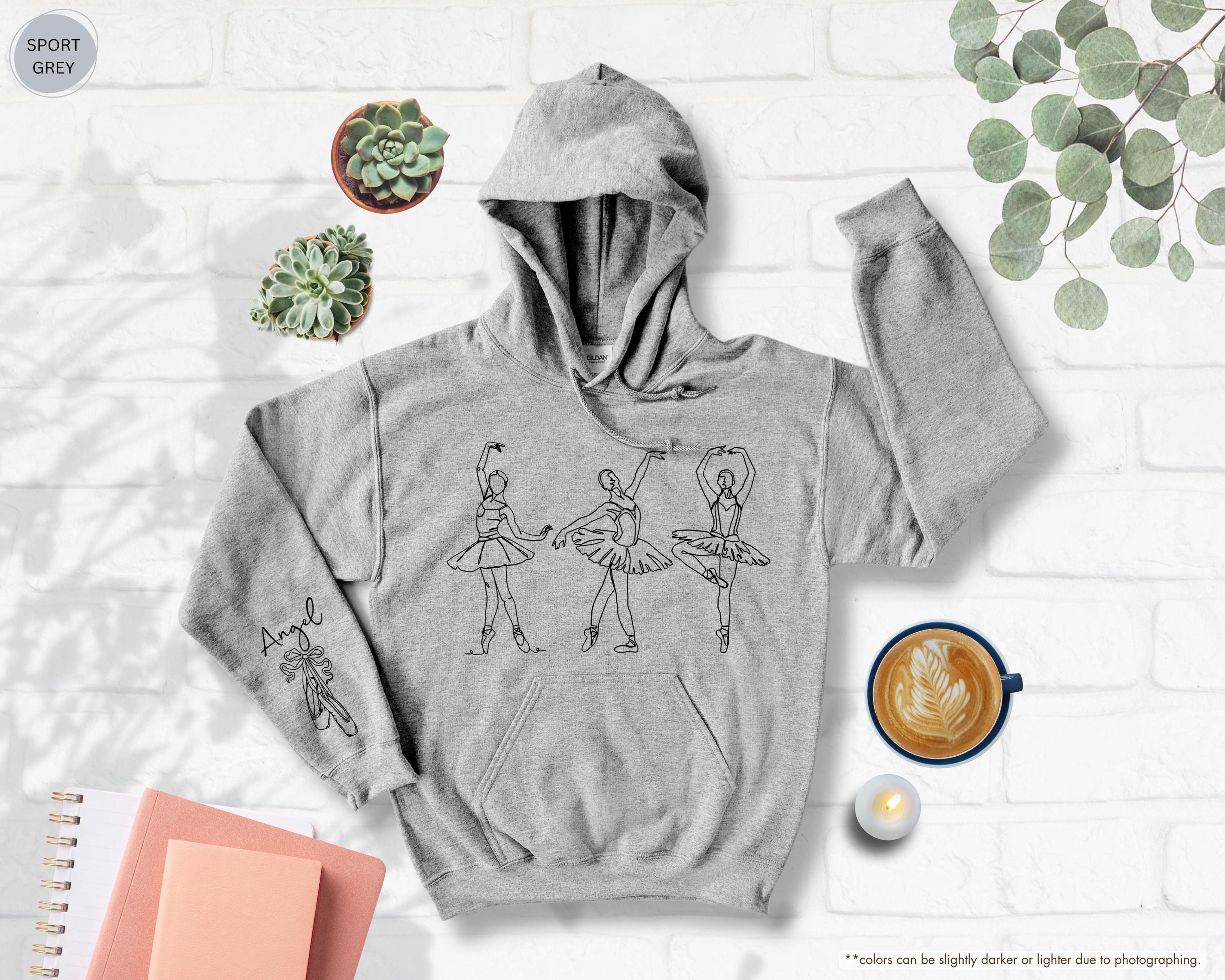Custom Name on Sleeve Ballet Sweatshirt, Ballerina Line Art Hoodie, Personalized Pointe Shoes Dance Crewneck, Gift for Dance Competition