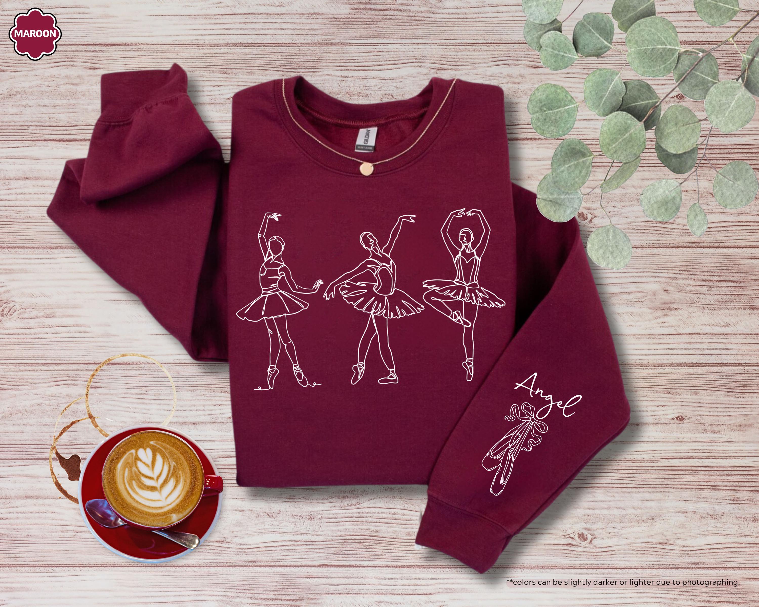 Custom Name on Sleeve Ballet Sweatshirt, Ballerina Line Art Hoodie, Personalized Pointe Shoes Dance Crewneck, Gift for Dance Competition