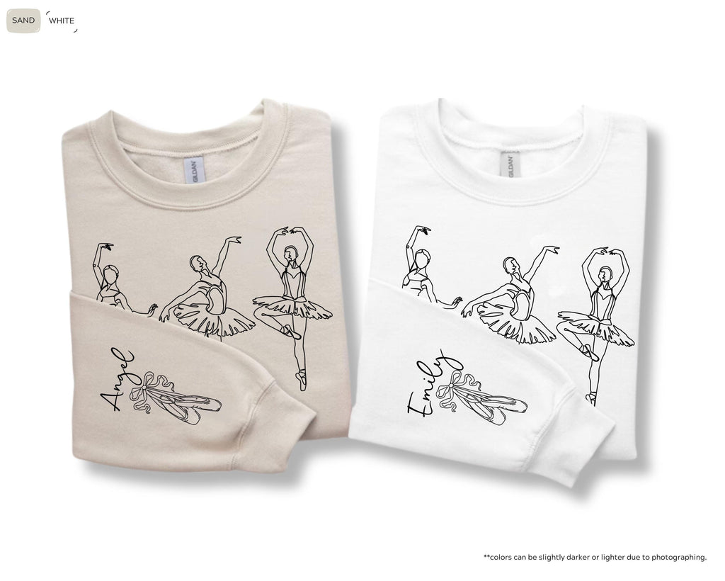 Custom Name on Sleeve Ballet Sweatshirt, Ballerina Line Art Hoodie, Personalized Pointe Shoes Dance Crewneck, Gift for Dance Competition