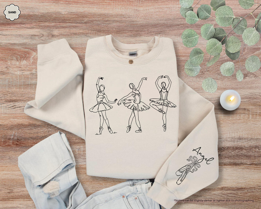 Custom Name on Sleeve Ballet Sweatshirt, Ballerina Line Art Hoodie, Personalized Pointe Shoes Dance Crewneck, Gift for Dance Competition