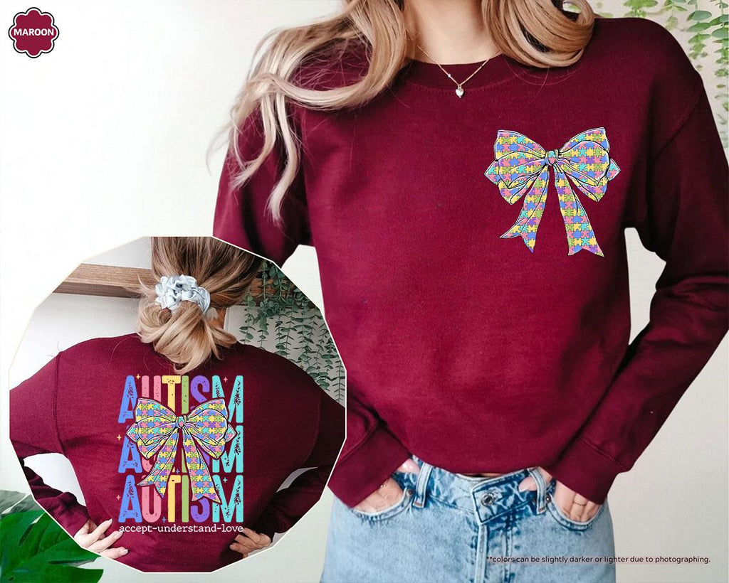 Coquette Bow Autism Awareness Hoodie, Accept Understand Love Sweatshirt, Autism Mom Crewneck, Sped Teacher Gift, Puzzle Piece Bow Apparel