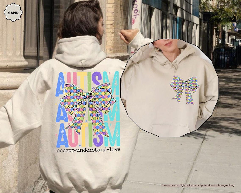 Coquette Bow Autism Awareness Hoodie, Accept Understand Love Sweatshirt, Autism Mom Crewneck, Sped Teacher Gift, Puzzle Piece Bow Apparel