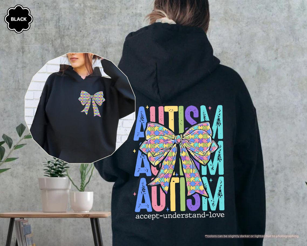 Coquette Bow Autism Awareness Hoodie, Accept Understand Love Sweatshirt, Autism Mom Crewneck, Sped Teacher Gift, Puzzle Piece Bow Apparel