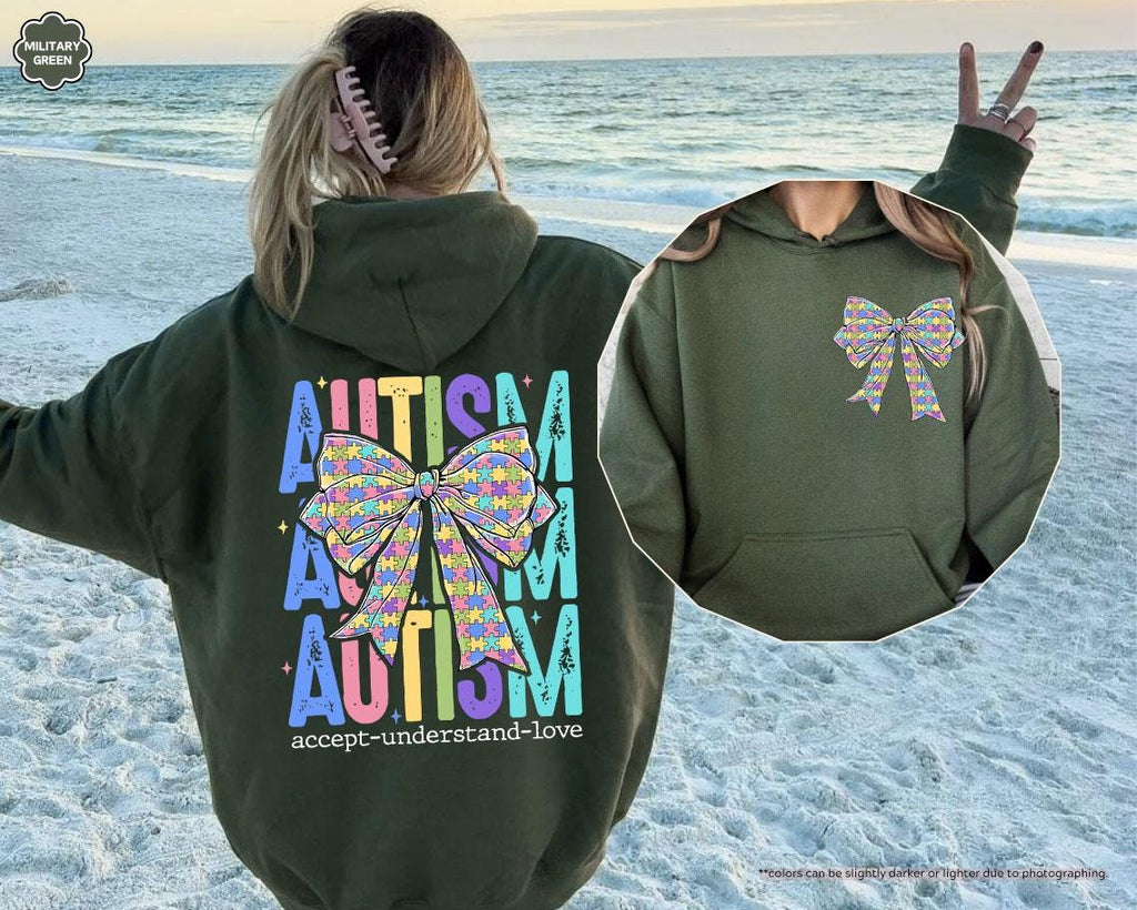Coquette Bow Autism Awareness Hoodie, Accept Understand Love Sweatshirt, Autism Mom Crewneck, Sped Teacher Gift, Puzzle Piece Bow Apparel