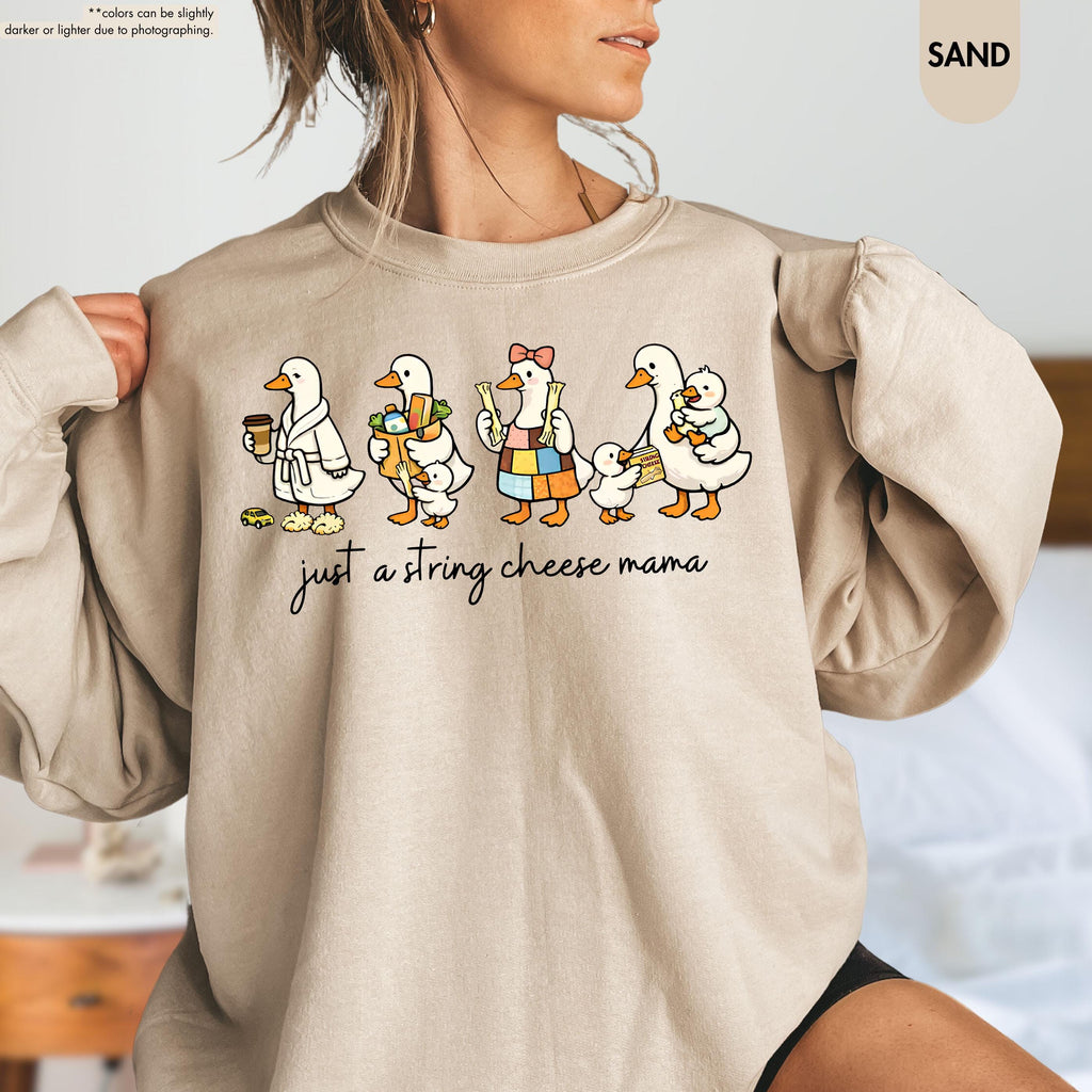 Just A String Cheese Mama Hoodie, Funny Goose Mom Sweatshirt, Tired Mom Life Crewneck, Mother’s Day Gift, Motherhood Apparel, New Mom Gift
