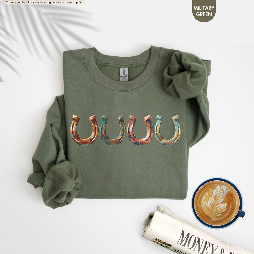 Brushstroke Horseshoe Sweatshirt, Western Cowgirl Hoodie, Horse Lover Crewneck, Equestrian Hoodie, Lucky Horseshoe Apparel, Horse Rider Gift
