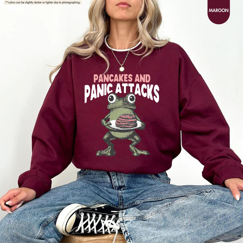 Sarcastic Mental Health Sweatshirt, Pancakes And Panic Attacks, Mental Health Gift, Anxiety Sweatshirt, Funny Women Gift, Funny Frog Sweater