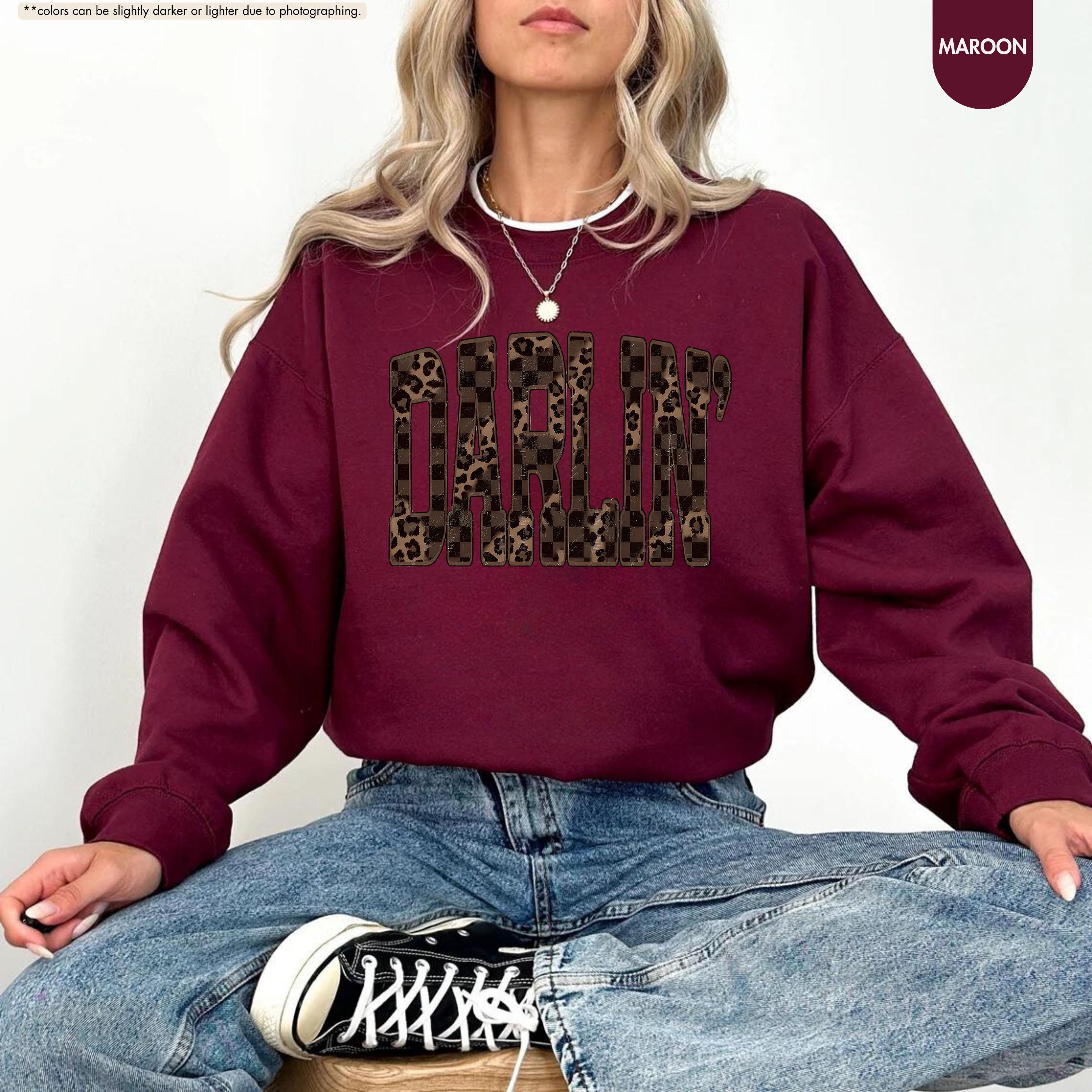 Leopard Darlin' Hoodie, Western Sweatshirt for Women, Southern Style Crewneck, Checkered Cowgirl Hoodie, Country Music Concert Sweatshirt