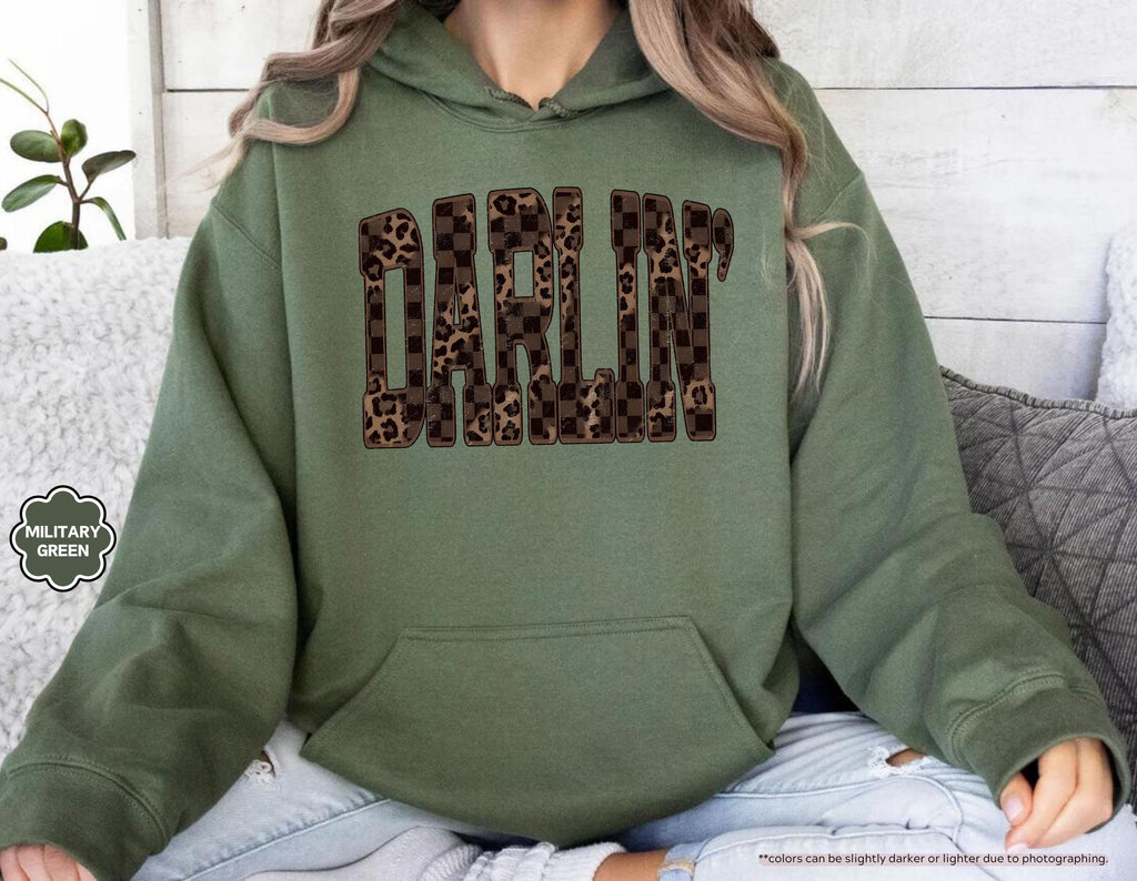 Leopard Darlin' Hoodie, Western Sweatshirt for Women, Southern Style Crewneck, Checkered Cowgirl Hoodie, Country Music Concert Sweatshirt