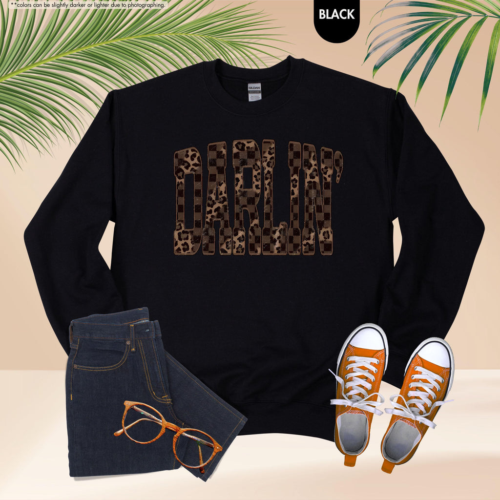 Leopard Darlin' Hoodie, Western Sweatshirt for Women, Southern Style Crewneck, Checkered Cowgirl Hoodie, Country Music Concert Sweatshirt