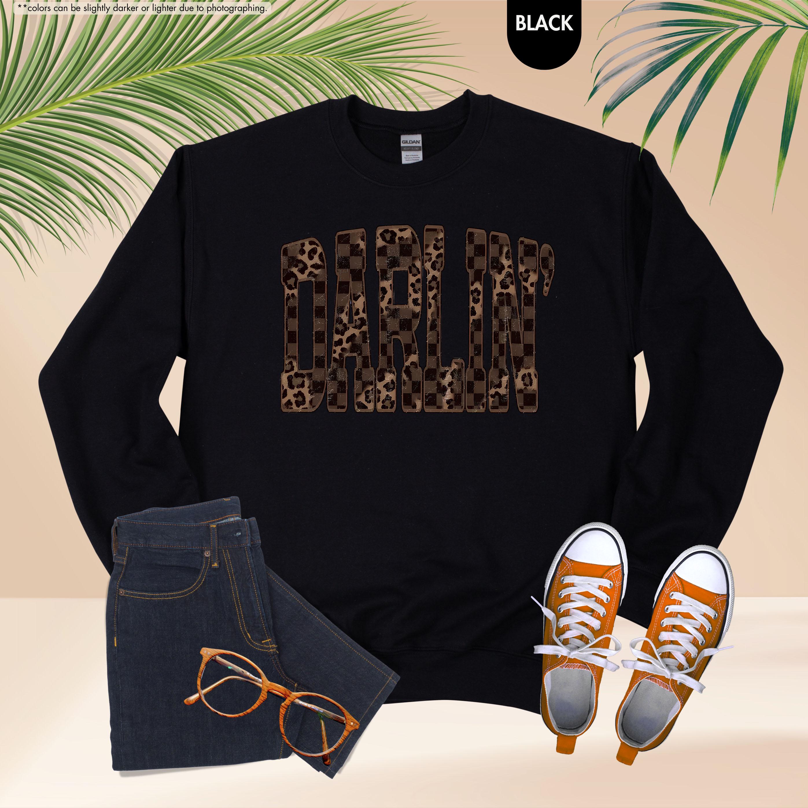 Leopard Darlin' Hoodie, Western Sweatshirt for Women, Southern Style Crewneck, Checkered Cowgirl Hoodie, Country Music Concert Sweatshirt