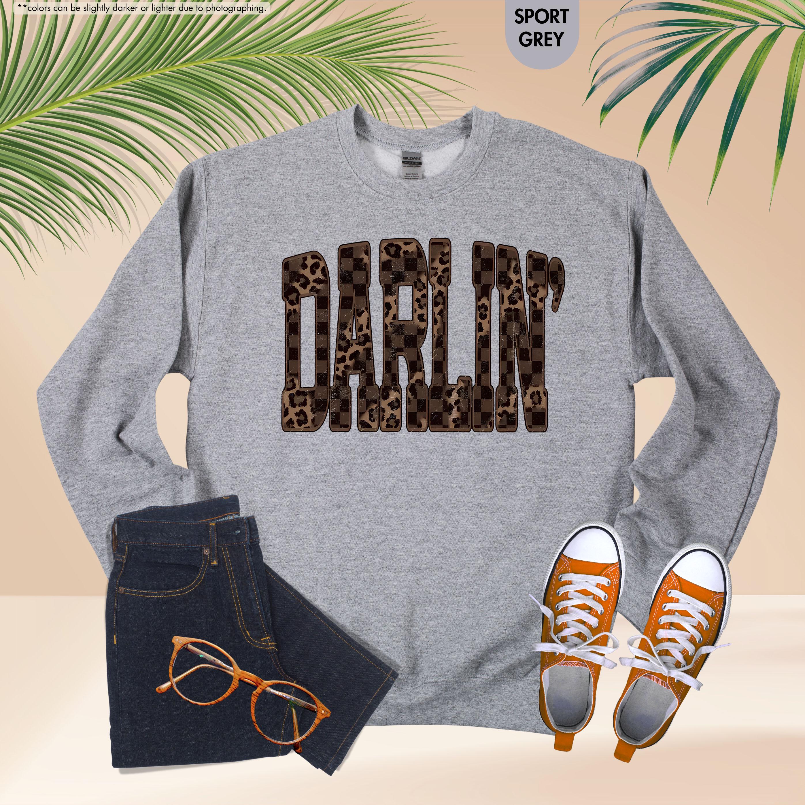 Leopard Darlin' Hoodie, Western Sweatshirt for Women, Southern Style Crewneck, Checkered Cowgirl Hoodie, Country Music Concert Sweatshirt