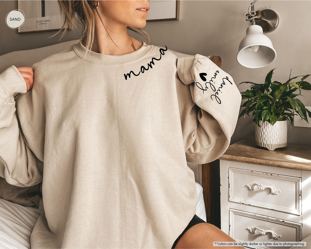 Personalized Mama Hoodie with Kids Names on Sleeve, Custom Grandma Sweatshirt, Mother's Day Gift, Grandkids Name Apparel, New Mom Crewneck