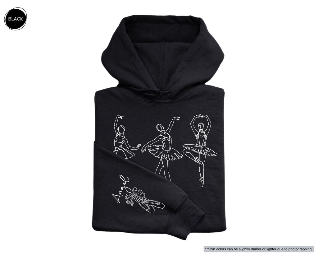 Custom Name on Sleeve Ballet Sweatshirt, Ballerina Line Art Hoodie, Personalized Pointe Shoes Dance Crewneck, Gift for Dance Competition