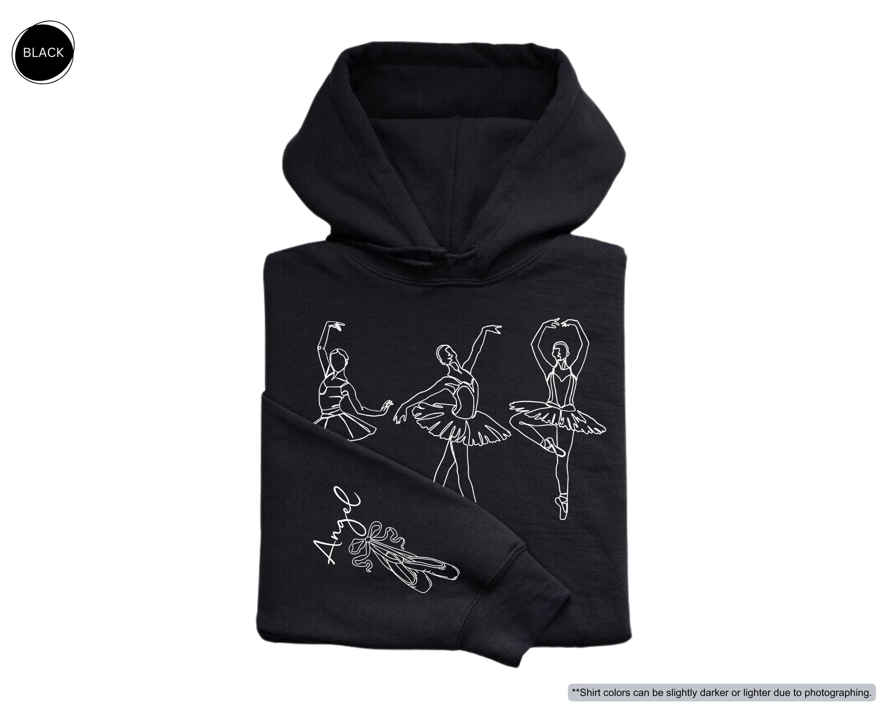 Custom Name on Sleeve Ballet Sweatshirt, Ballerina Line Art Hoodie, Personalized Pointe Shoes Dance Crewneck, Gift for Dance Competition