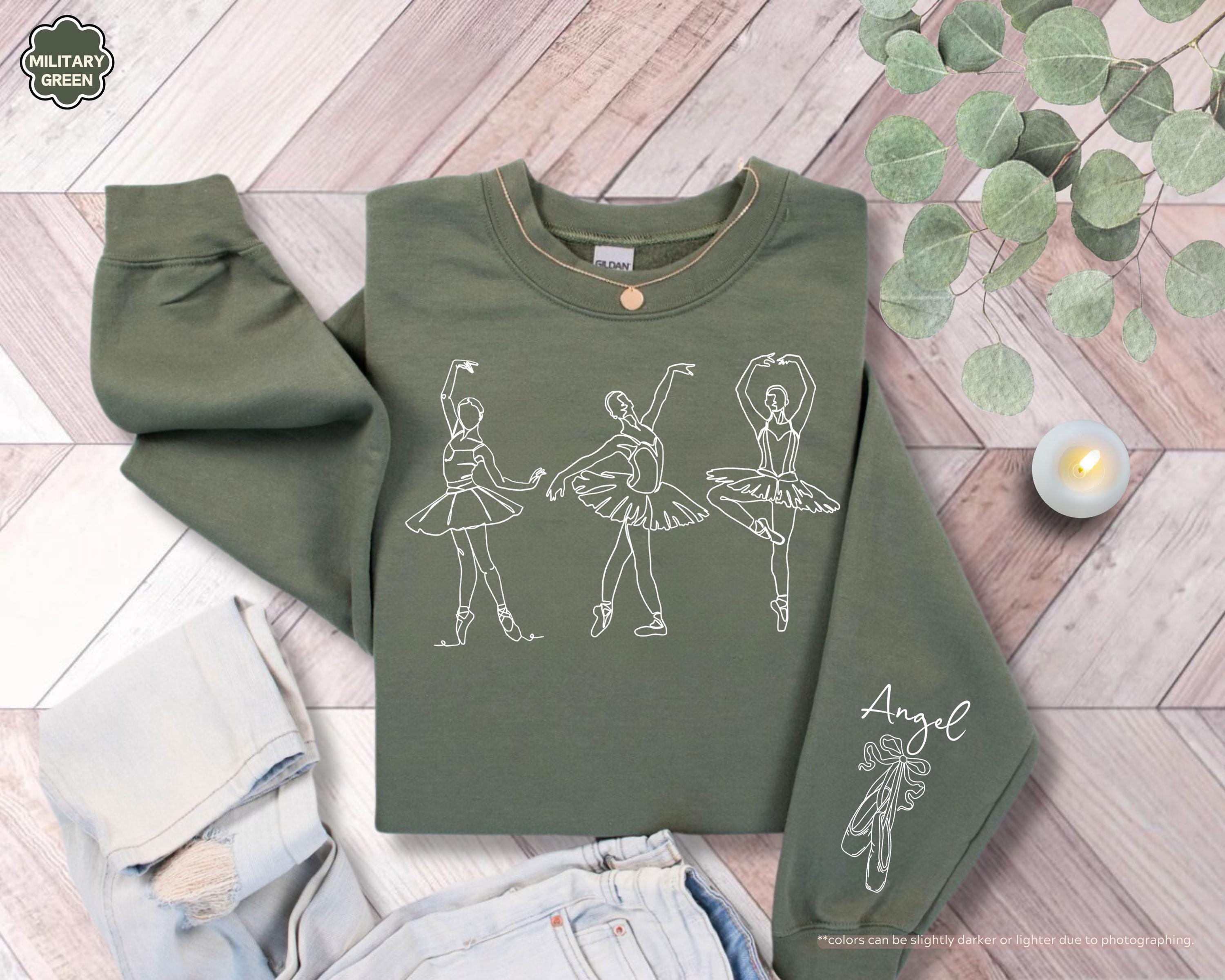 Custom Name on Sleeve Ballet Sweatshirt, Ballerina Line Art Hoodie, Personalized Pointe Shoes Dance Crewneck, Gift for Dance Competition