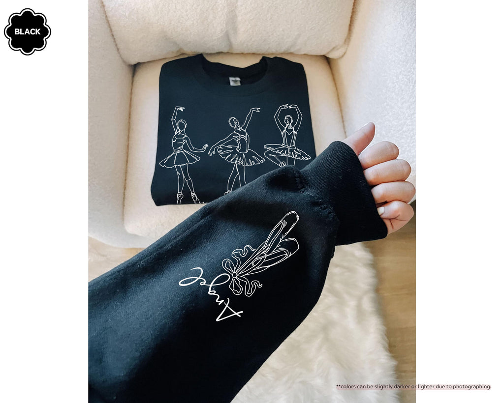 Custom Name on Sleeve Ballet Sweatshirt, Ballerina Line Art Hoodie, Personalized Pointe Shoes Dance Crewneck, Gift for Dance Competition