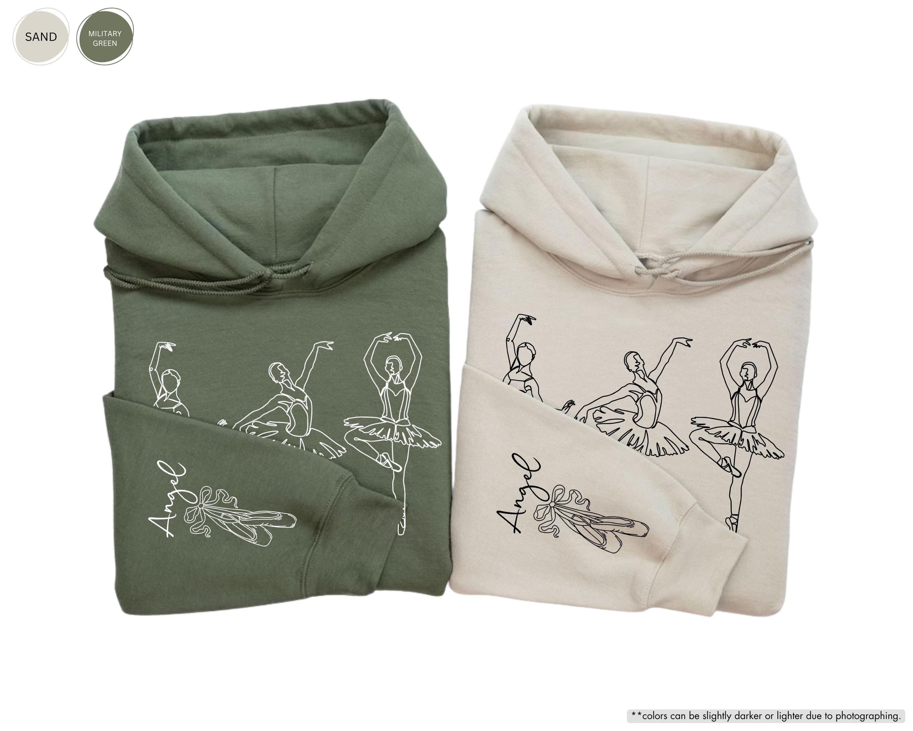 Custom Name on Sleeve Ballet Sweatshirt, Ballerina Line Art Hoodie, Personalized Pointe Shoes Dance Crewneck, Gift for Dance Competition