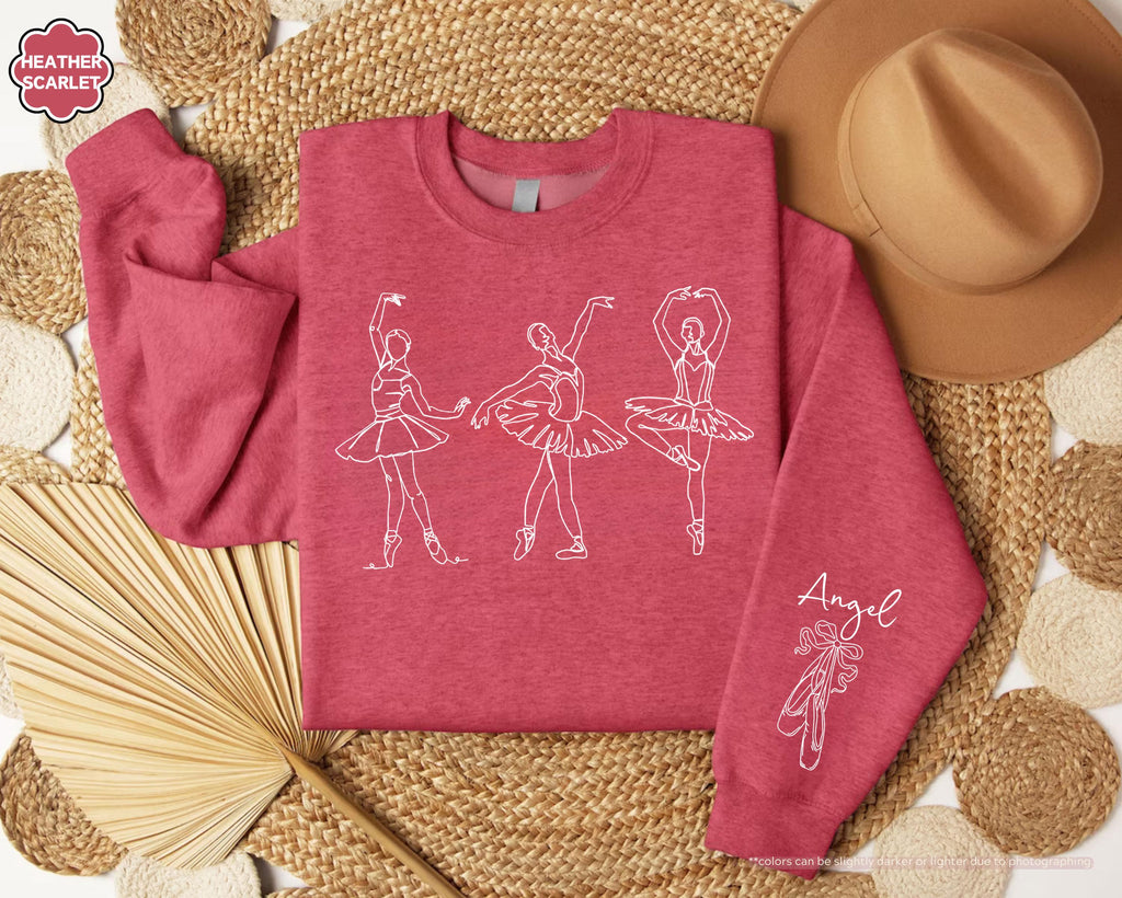 Custom Name on Sleeve Ballet Sweatshirt, Ballerina Line Art Hoodie, Personalized Pointe Shoes Dance Crewneck, Gift for Dance Competition
