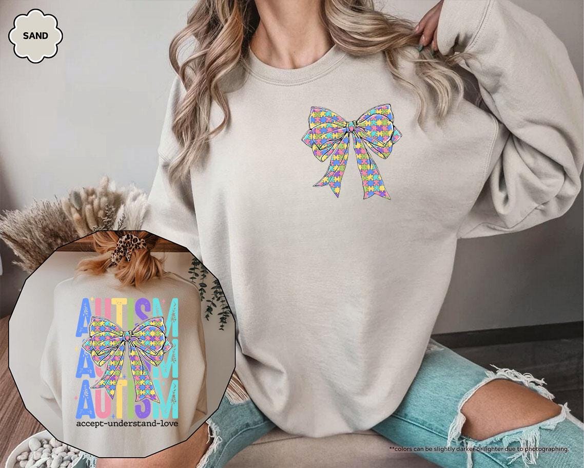 Coquette Bow Autism Awareness Hoodie, Accept Understand Love Sweatshirt, Autism Mom Crewneck, Sped Teacher Gift, Puzzle Piece Bow Apparel