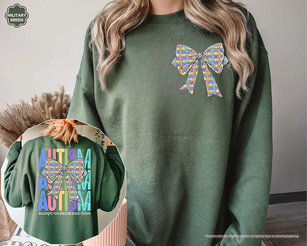 Coquette Bow Autism Awareness Hoodie, Accept Understand Love Sweatshirt, Autism Mom Crewneck, Sped Teacher Gift, Puzzle Piece Bow Apparel