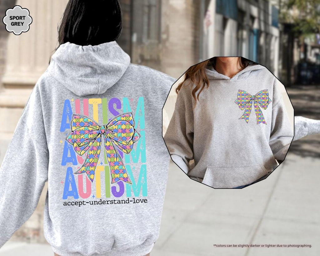 Coquette Bow Autism Awareness Hoodie, Accept Understand Love Sweatshirt, Autism Mom Crewneck, Sped Teacher Gift, Puzzle Piece Bow Apparel