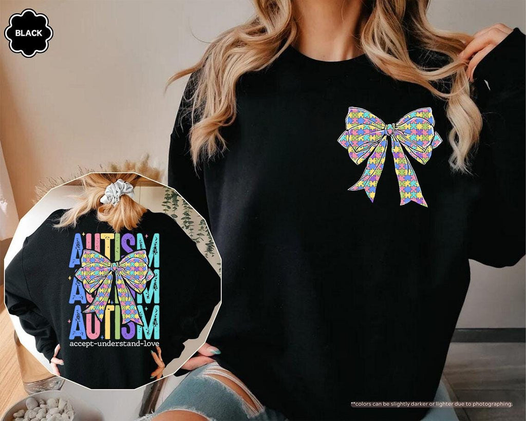 Coquette Bow Autism Awareness Hoodie, Accept Understand Love Sweatshirt, Autism Mom Crewneck, Sped Teacher Gift, Puzzle Piece Bow Apparel