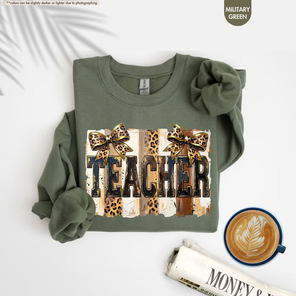 Leopard Bow Teacher Sweatshirt, Coquette Teacher Hoodie, Preppy Teacher Appreciation Crewneck, Trendy Teacher Sweatshirt, Gift For Teacher