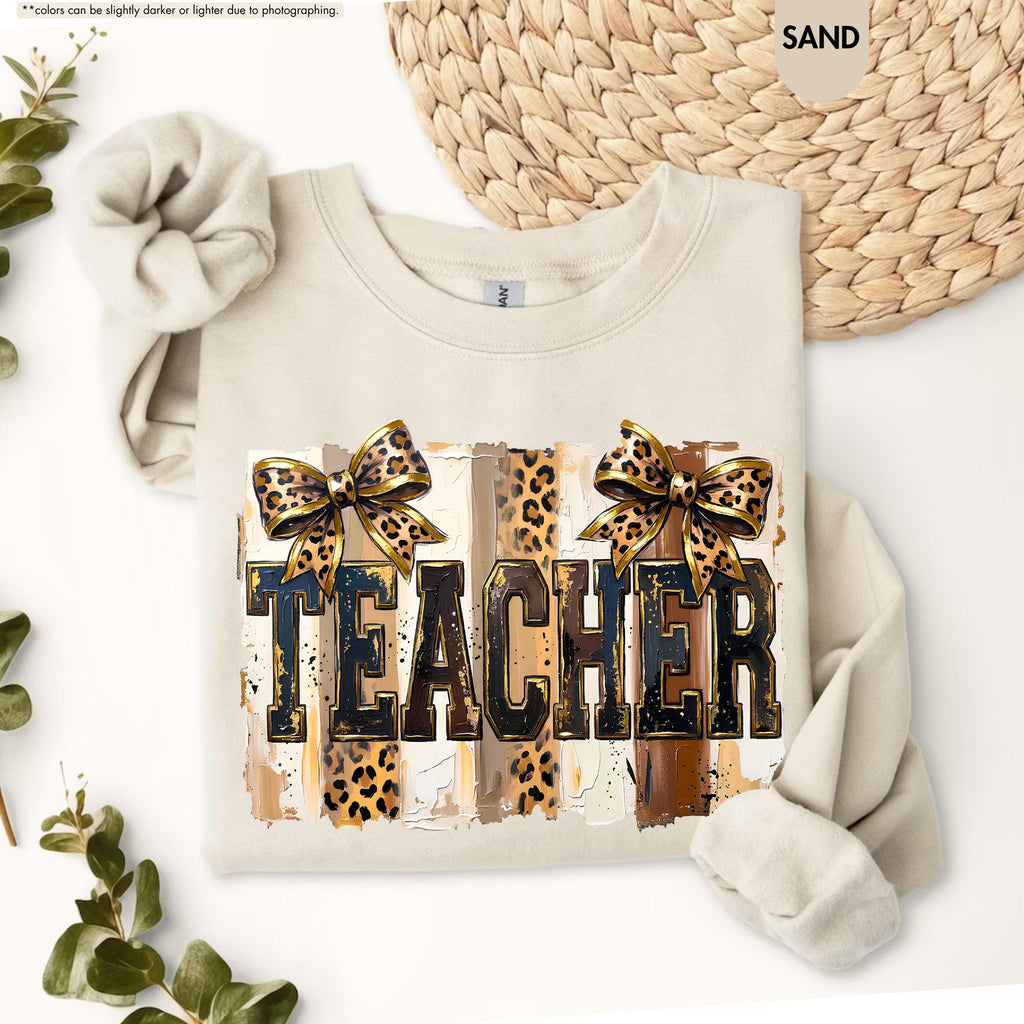 Leopard Bow Teacher Sweatshirt, Coquette Teacher Hoodie, Preppy Teacher Appreciation Crewneck, Trendy Teacher Sweatshirt, Gift For Teacher