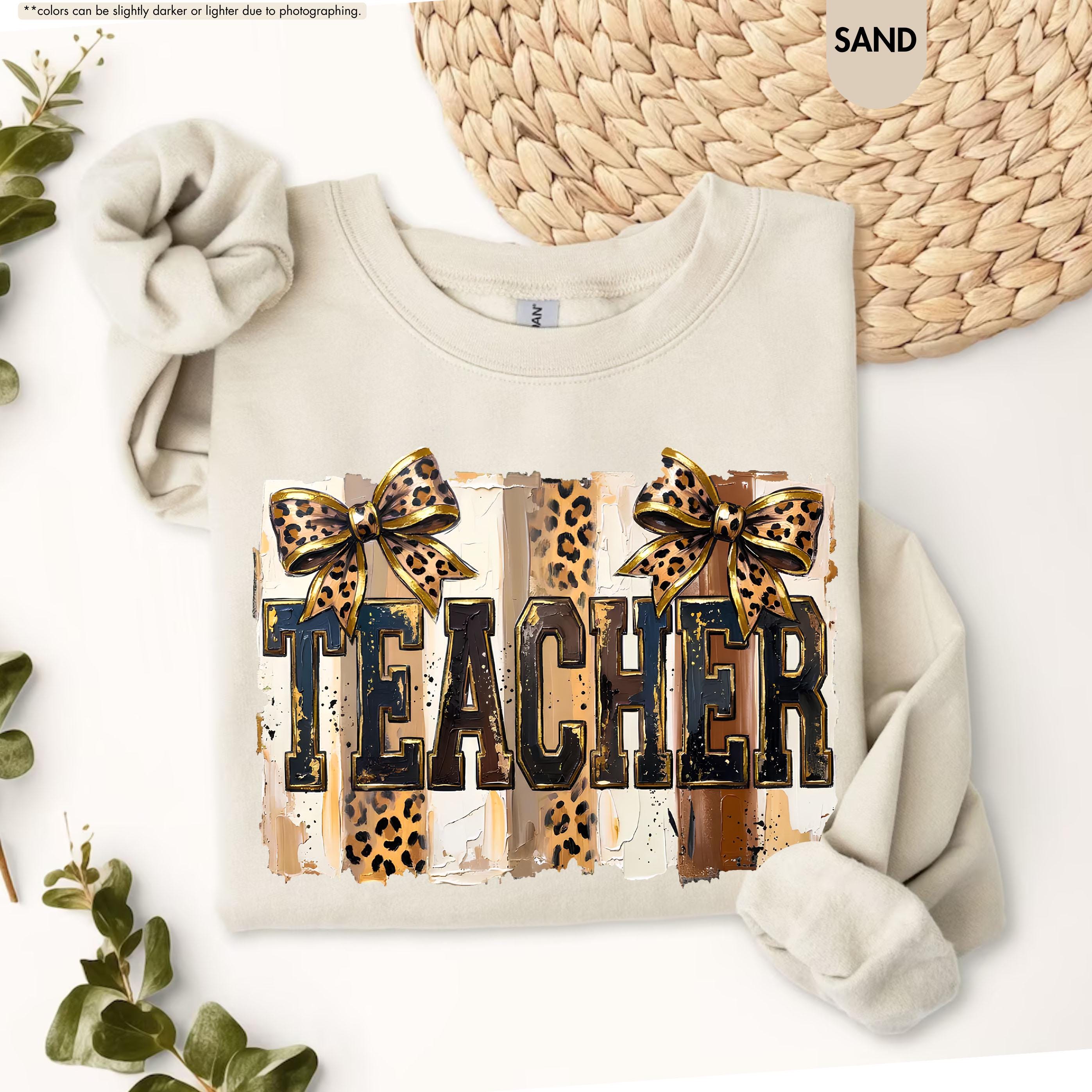 Leopard Bow Teacher Sweatshirt, Coquette Teacher Hoodie, Preppy Teacher Appreciation Crewneck, Trendy Teacher Sweatshirt, Gift For Teacher