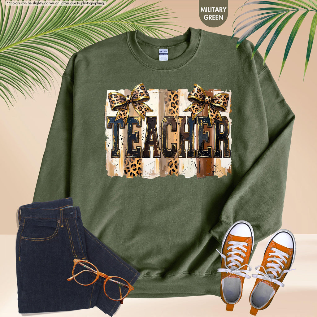 Leopard Bow Teacher Sweatshirt, Coquette Teacher Hoodie, Preppy Teacher Appreciation Crewneck, Trendy Teacher Sweatshirt, Gift For Teacher