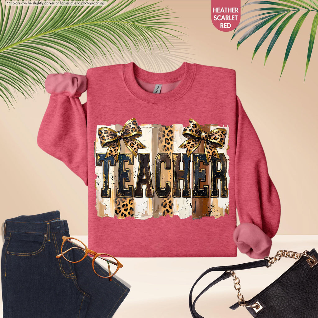 Leopard Bow Teacher Sweatshirt, Coquette Teacher Hoodie, Preppy Teacher Appreciation Crewneck, Trendy Teacher Sweatshirt, Gift For Teacher