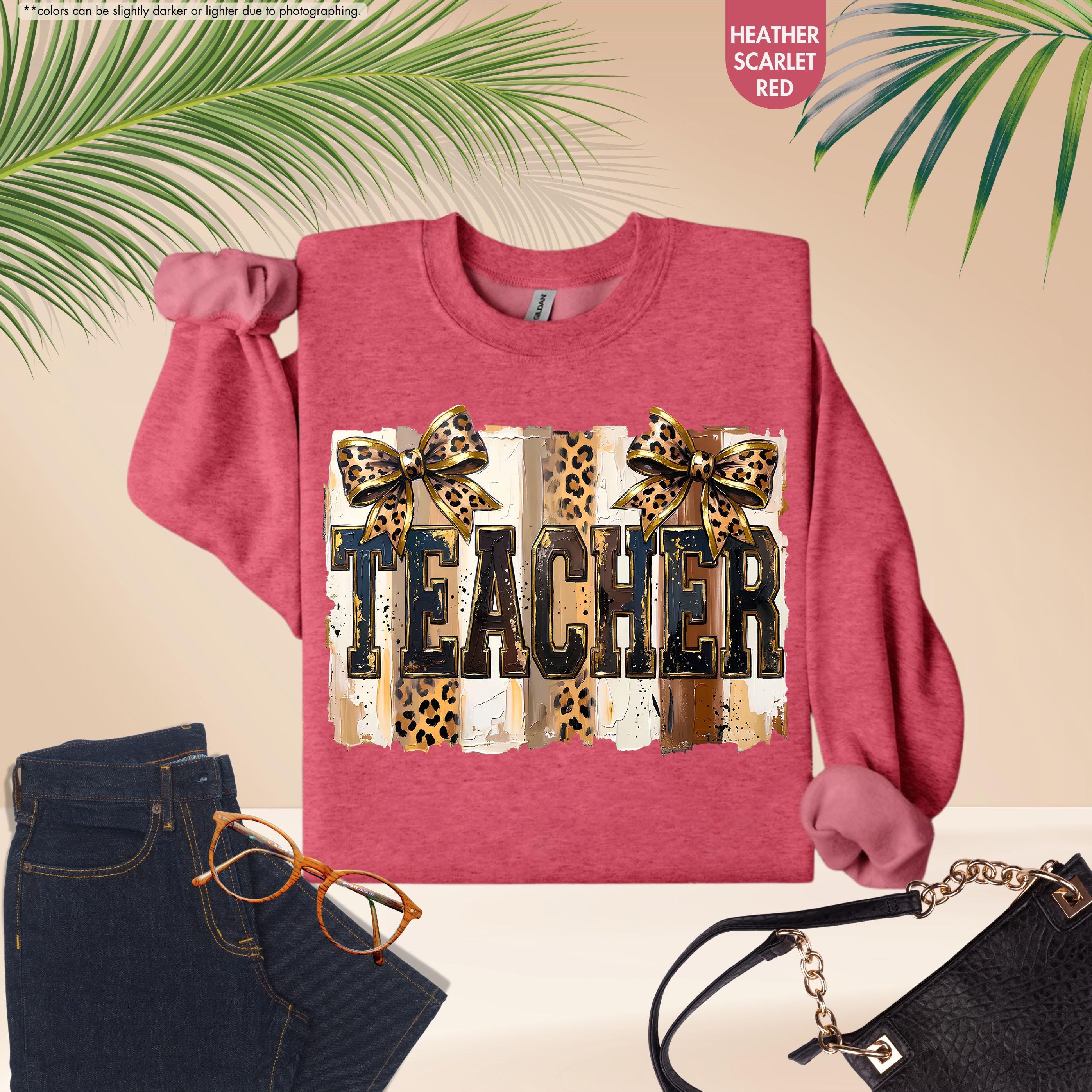 Leopard Bow Teacher Sweatshirt, Coquette Teacher Hoodie, Preppy Teacher Appreciation Crewneck, Trendy Teacher Sweatshirt, Gift For Teacher