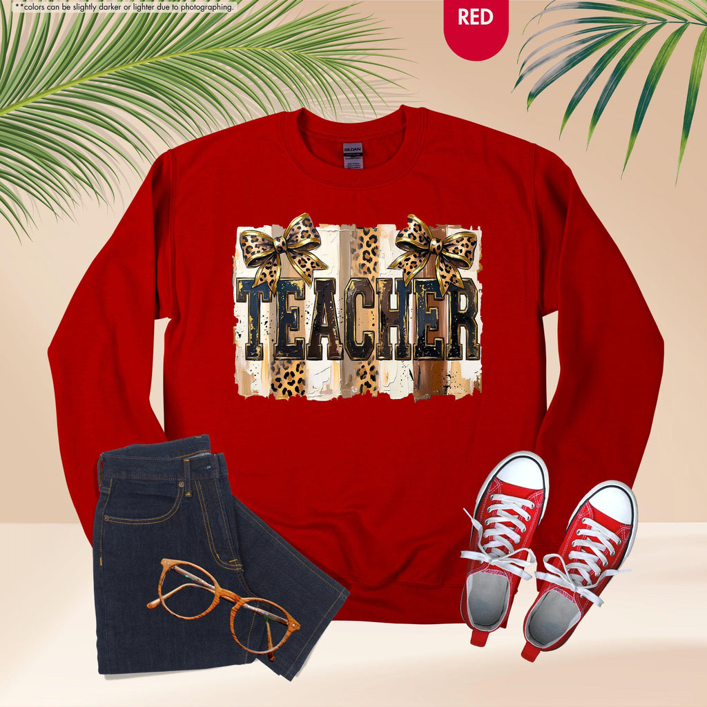 Leopard Bow Teacher Sweatshirt, Coquette Teacher Hoodie, Preppy Teacher Appreciation Crewneck, Trendy Teacher Sweatshirt, Gift For Teacher