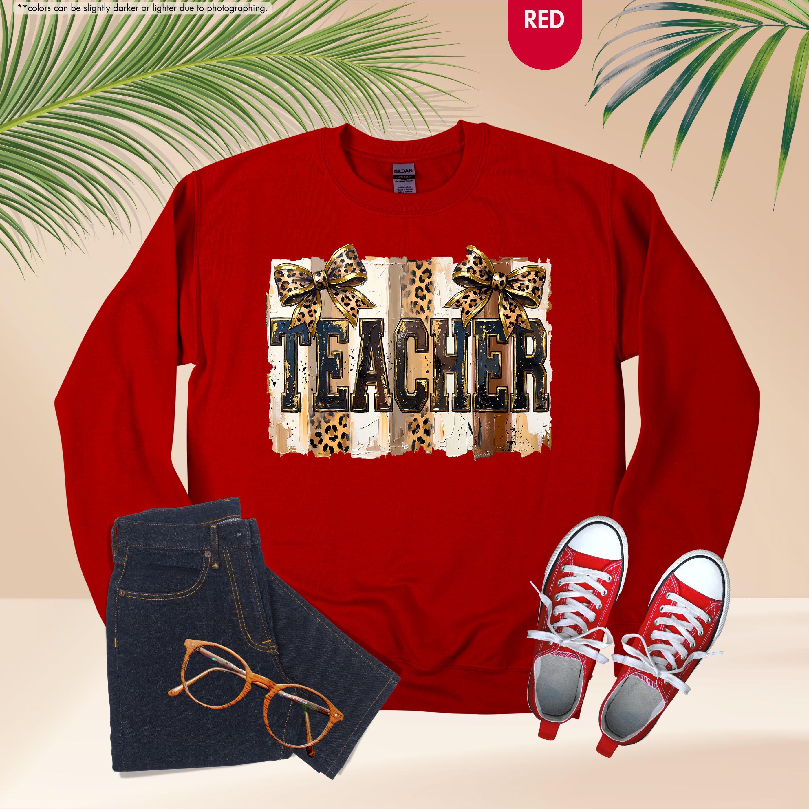 Leopard Bow Teacher Sweatshirt, Coquette Teacher Hoodie, Preppy Teacher Appreciation Crewneck, Trendy Teacher Sweatshirt, Gift For Teacher