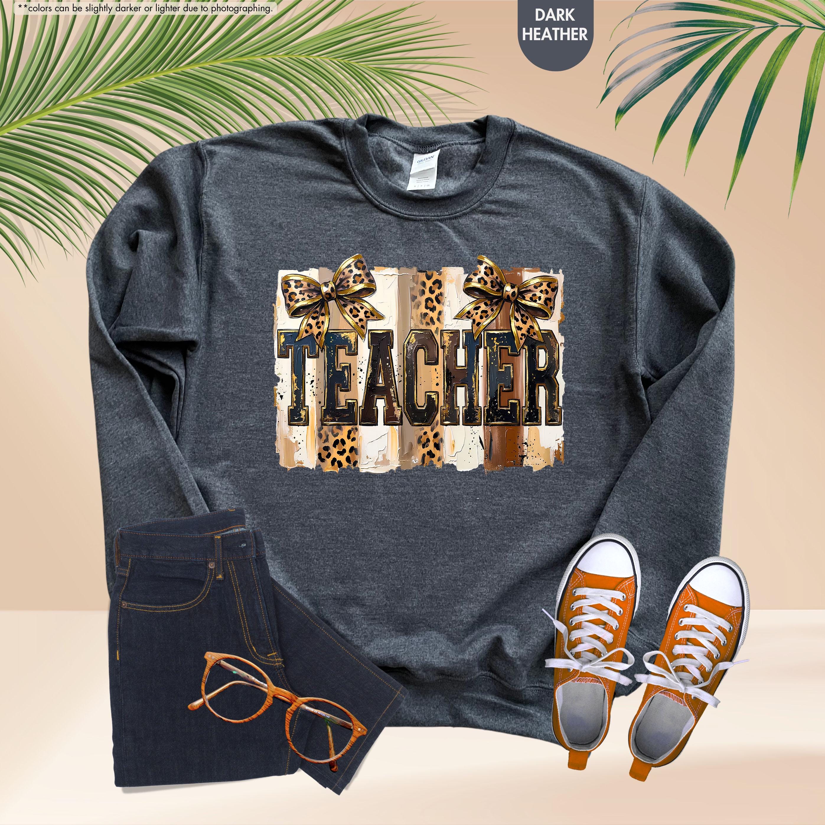 Leopard Bow Teacher Sweatshirt, Coquette Teacher Hoodie, Preppy Teacher Appreciation Crewneck, Trendy Teacher Sweatshirt, Gift For Teacher