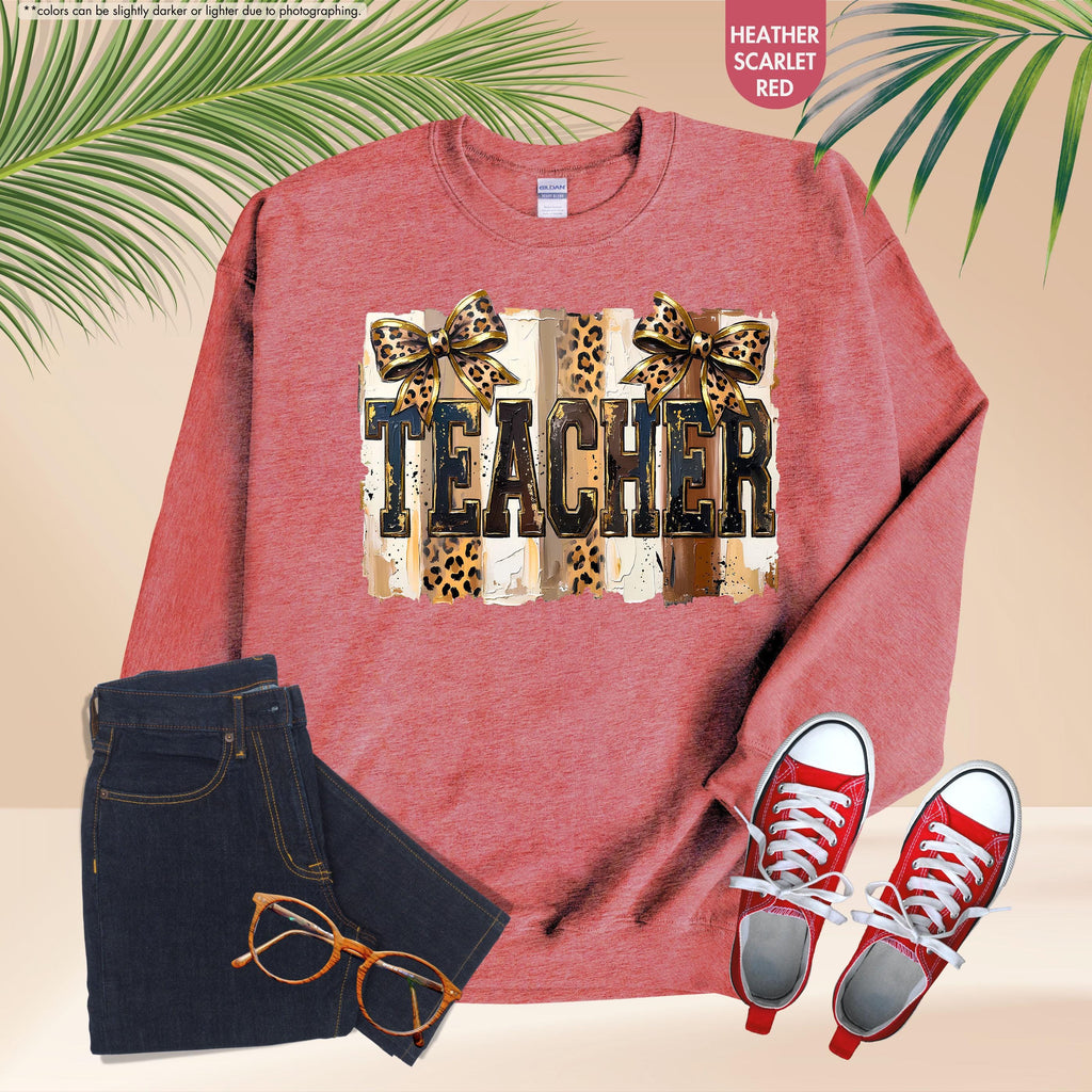 Leopard Bow Teacher Sweatshirt, Coquette Teacher Hoodie, Preppy Teacher Appreciation Crewneck, Trendy Teacher Sweatshirt, Gift For Teacher