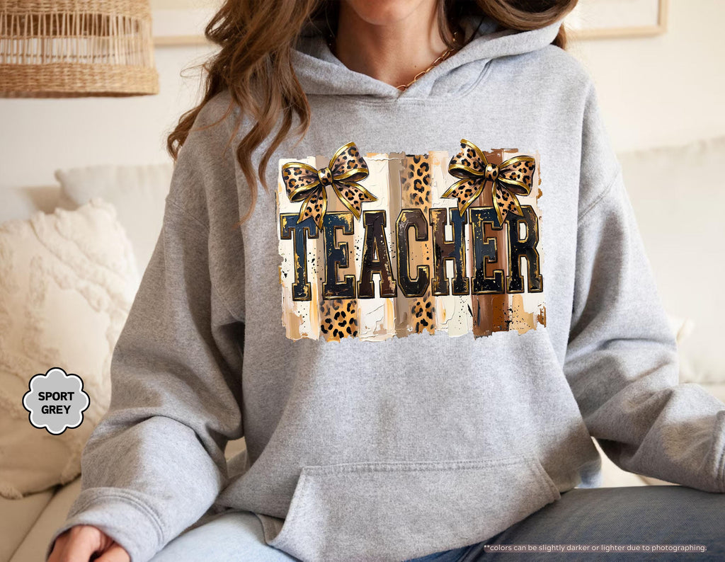 Leopard Bow Teacher Sweatshirt, Coquette Teacher Hoodie, Preppy Teacher Appreciation Crewneck, Trendy Teacher Sweatshirt, Gift For Teacher